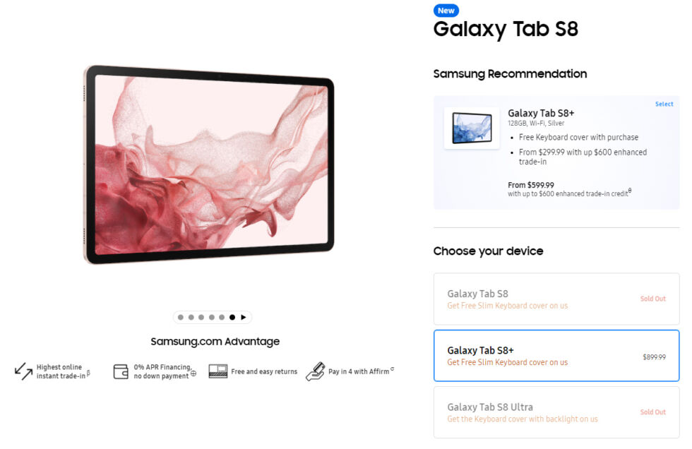 Site da Samsung.  Como você pode ver no canto inferior direito, tudo que não seja o Tab S8+ está esgotado.