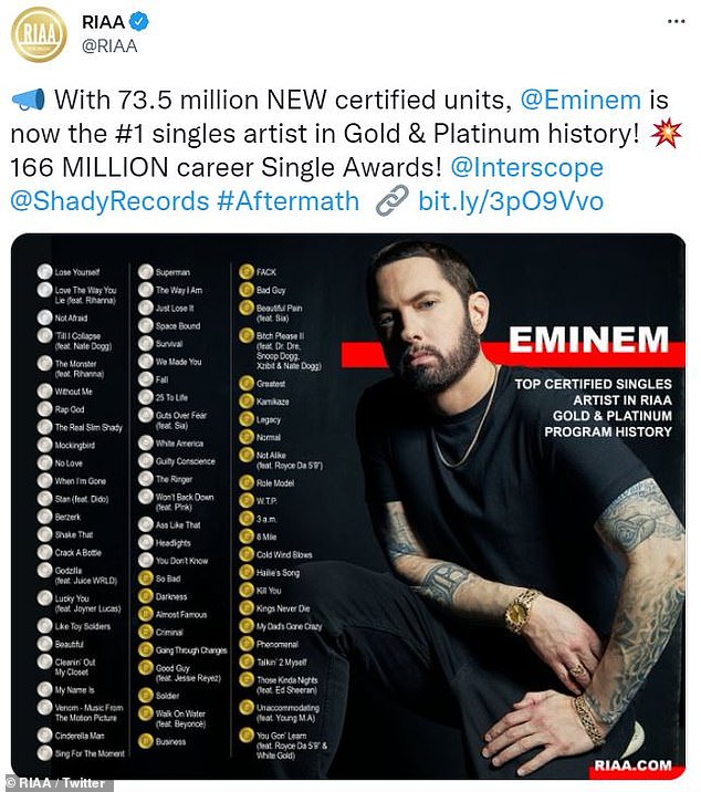 Top in singles: A Recording Industry Association of America (RIAA) anuncia 73,5 milhões de novas unidades de Eminem, colocando-o no topo da lista de singles