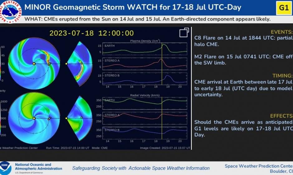 Relatório da NOAA mostrando uma erupção filamentosa associada a uma explosão solar C8 que pode levar a uma tempestade geomagnética.