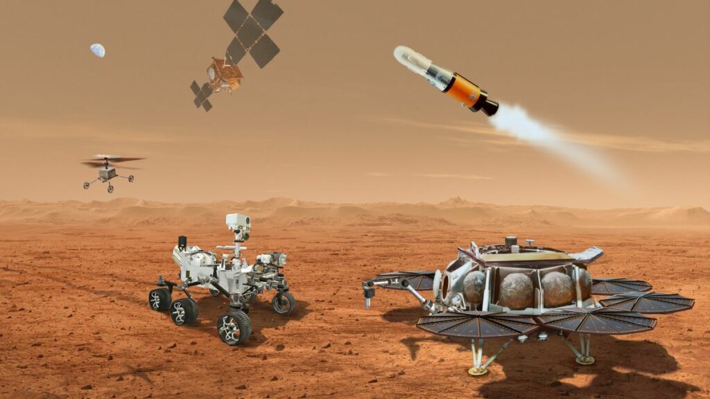 Concept art depicts a Mars menagerie of machines that would team to transport to Earth samples of rocks, soil, and atmosphere being collected from the Martian surface by NASA