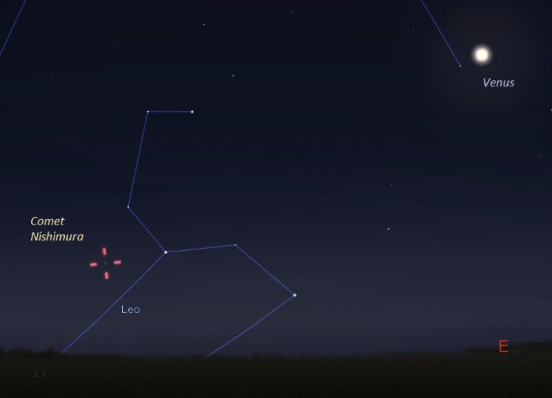 Mapa celeste mostrando Vênus e parte da constelação de Leão com referência ao cometa.