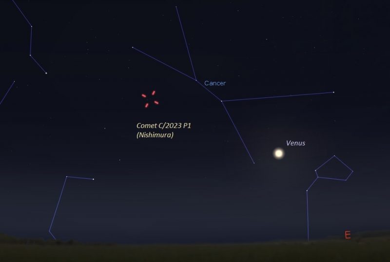 Mapa do céu mostrando Vênus, Câncer e um cometa.
