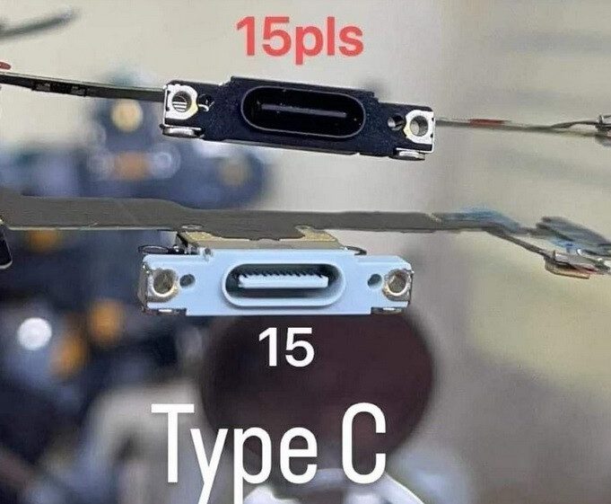 A imagem supostamente mostra as portas USB-C do iPhone 15 Plus e iPhone 15 – depois de se opor originalmente à regra da UE, a Apple agora vai fofocar sobre USB-C para o iPhone