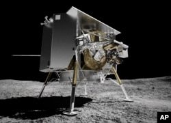 Esta ilustração fornecida pela Astrobotic Technology em 2024 retrata o módulo lunar Peregrine na superfície da lua.  A data prevista de lançamento é segunda-feira, 8 de janeiro de 2024. (Tecnologia Astrobótica via AP)