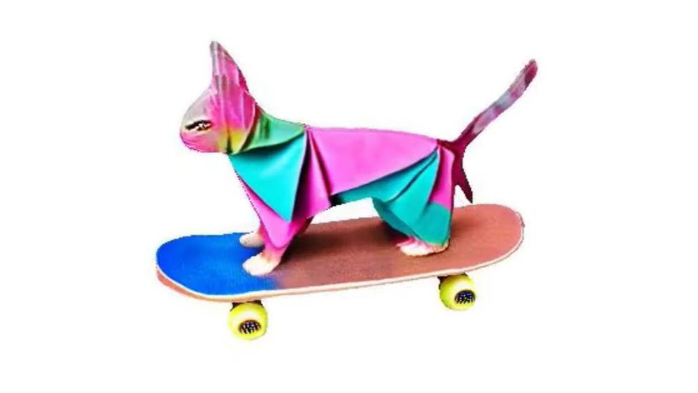 An image of a 3D origami dog on a skateboard generated by Nvidia LATTE3D