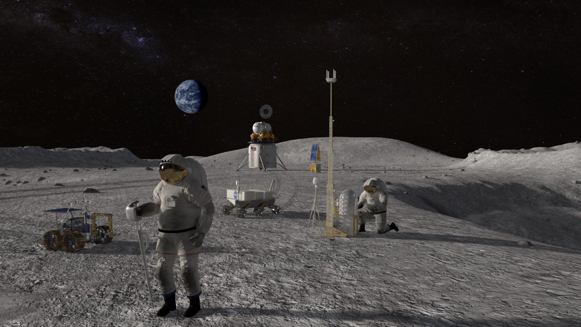 Dois astronautas trabalhando na lua.  Eles estão cercados por equipamentos e o solo é visível ao fundo.