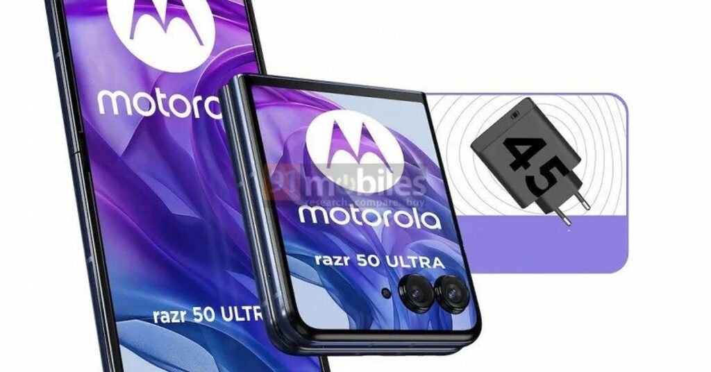 Rendered image showing a Motorola Razr 50 5G Ultra foldable phone both open, closed, and alongside its charger,